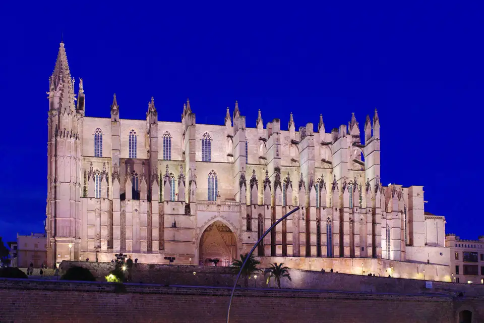 Palma cathedral lit up at dusk