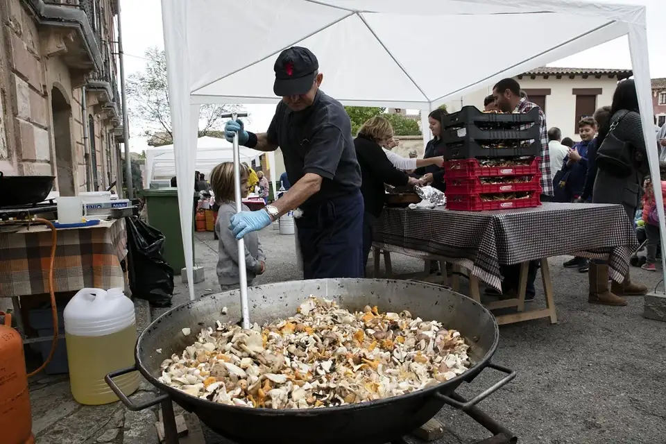 Chef cooking wild mushrooms in a giant pan at Festa del Bolet in Seva