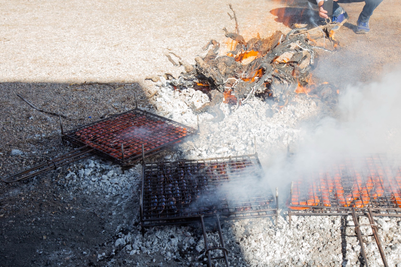 Vegetables and garlic bulbs grilling over an open wood fire outdoors