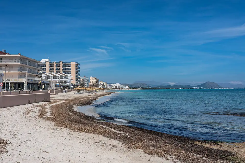 The seafront promenade and beach at Can Picafort, Mallorca