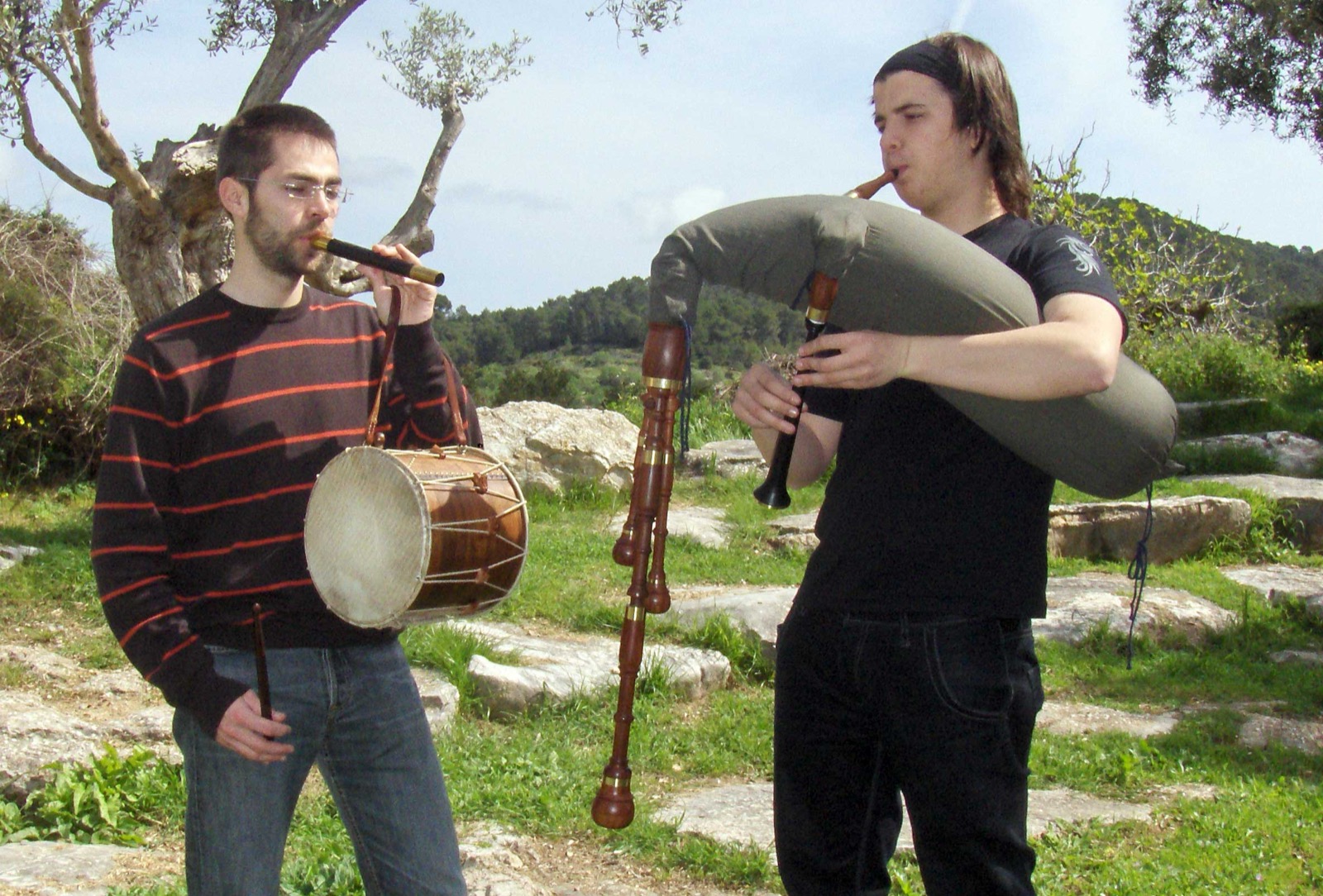 Xeremiers, traditional Mallorcan bagpipers, playing outdoors