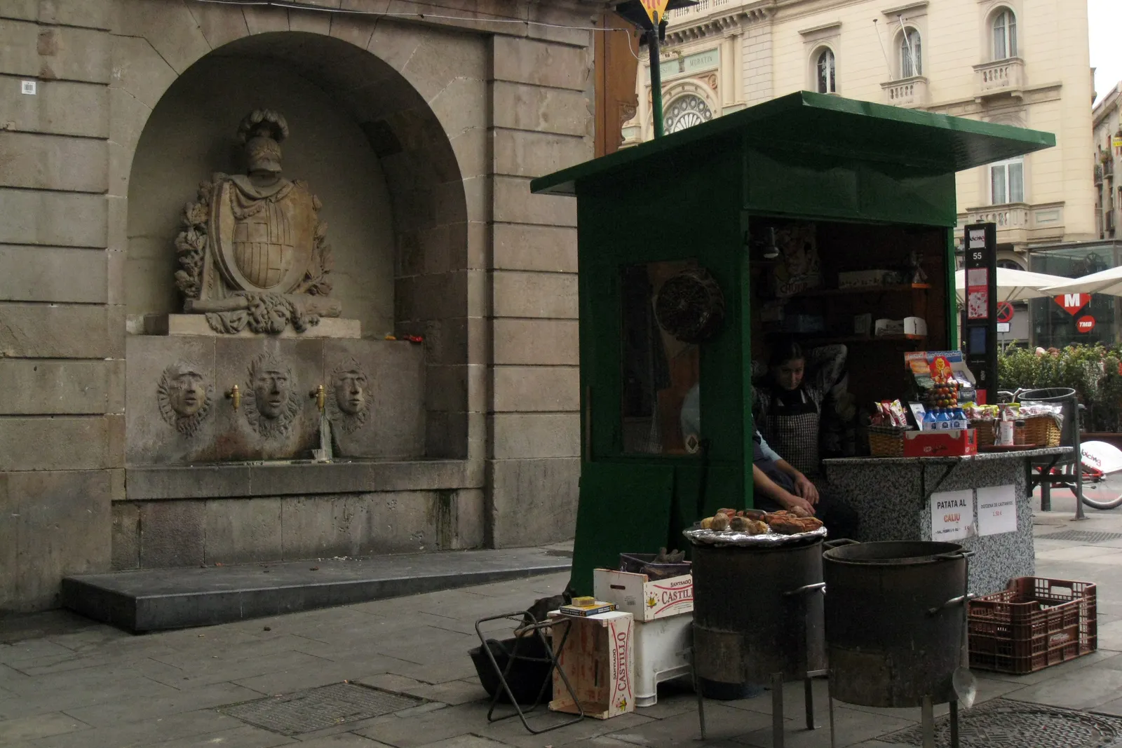 A castanyera chestnut kiosk beside the fountain on the Pla de la Boqueria, Barcelona