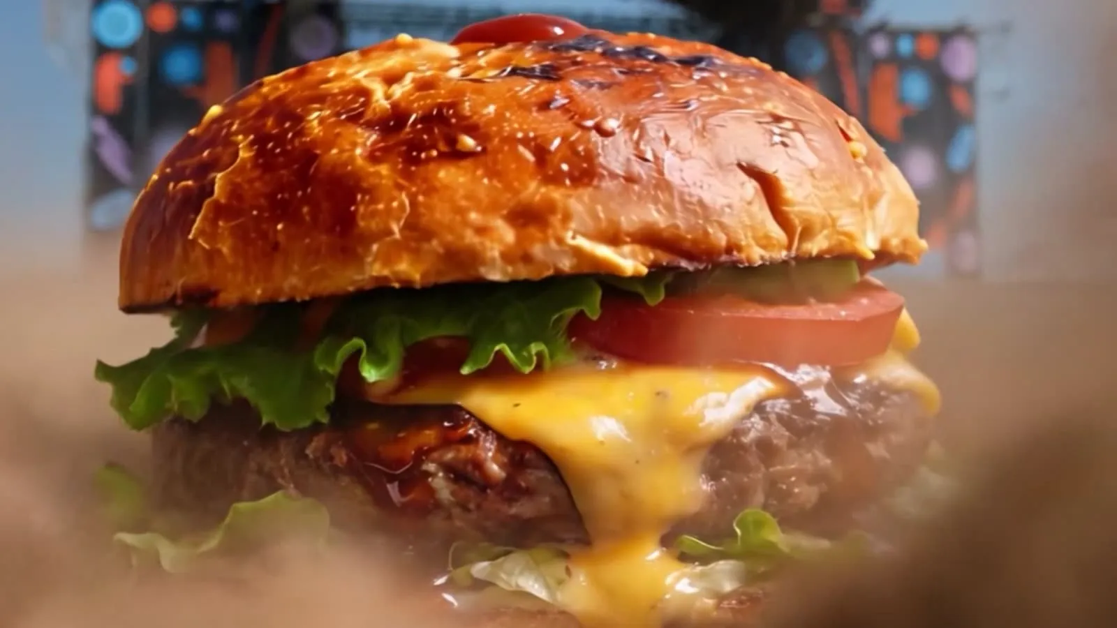 Close-up of a cheeseburger with melting cheese, lettuce and tomato in a glossy brioche bun