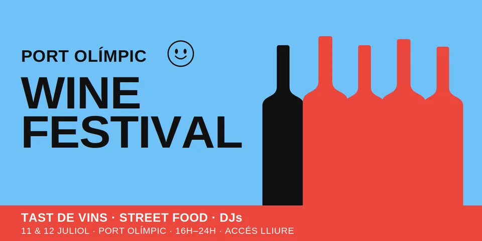 Port Olímpic Wine Festival key art: black and coral wine-bottle silhouettes on a sky-blue background with the festival wordmark