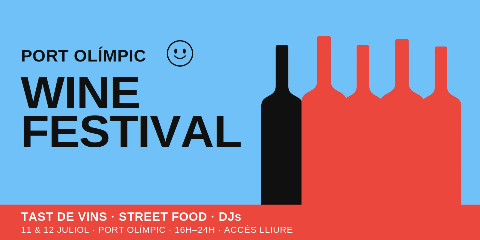 Port Olímpic Wine Festival key art: black and coral wine-bottle silhouettes on a sky-blue background with the festival wordmark