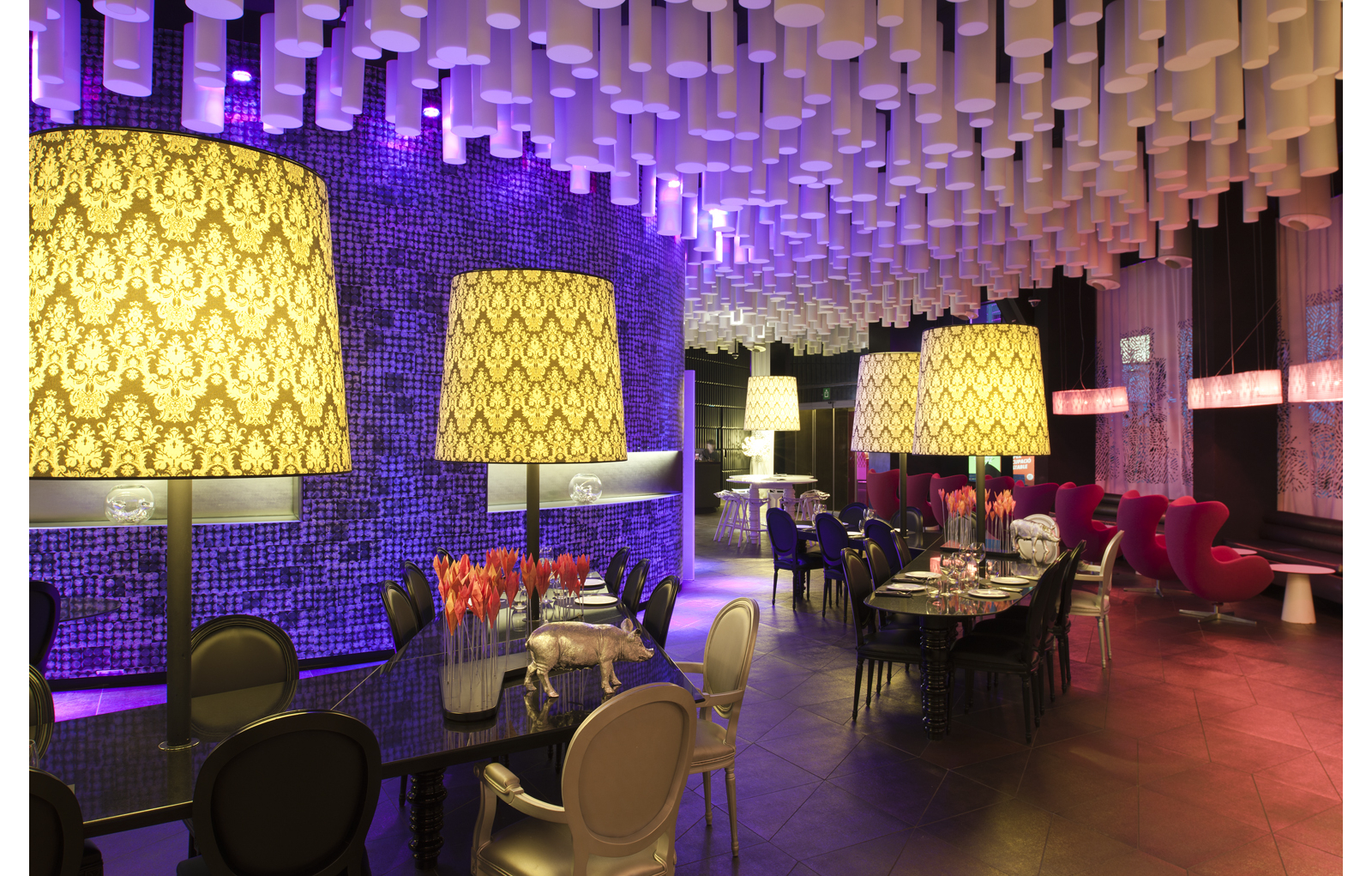 B-Lounge restaurant with a dramatic hanging light installation