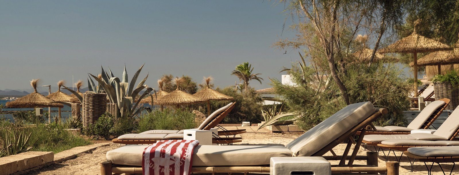 Garden terrace at Bikini Island & Mountain Hotel Es Trenc with cushioned loungers, thatched parasols, and agave plants overlooking the coastline