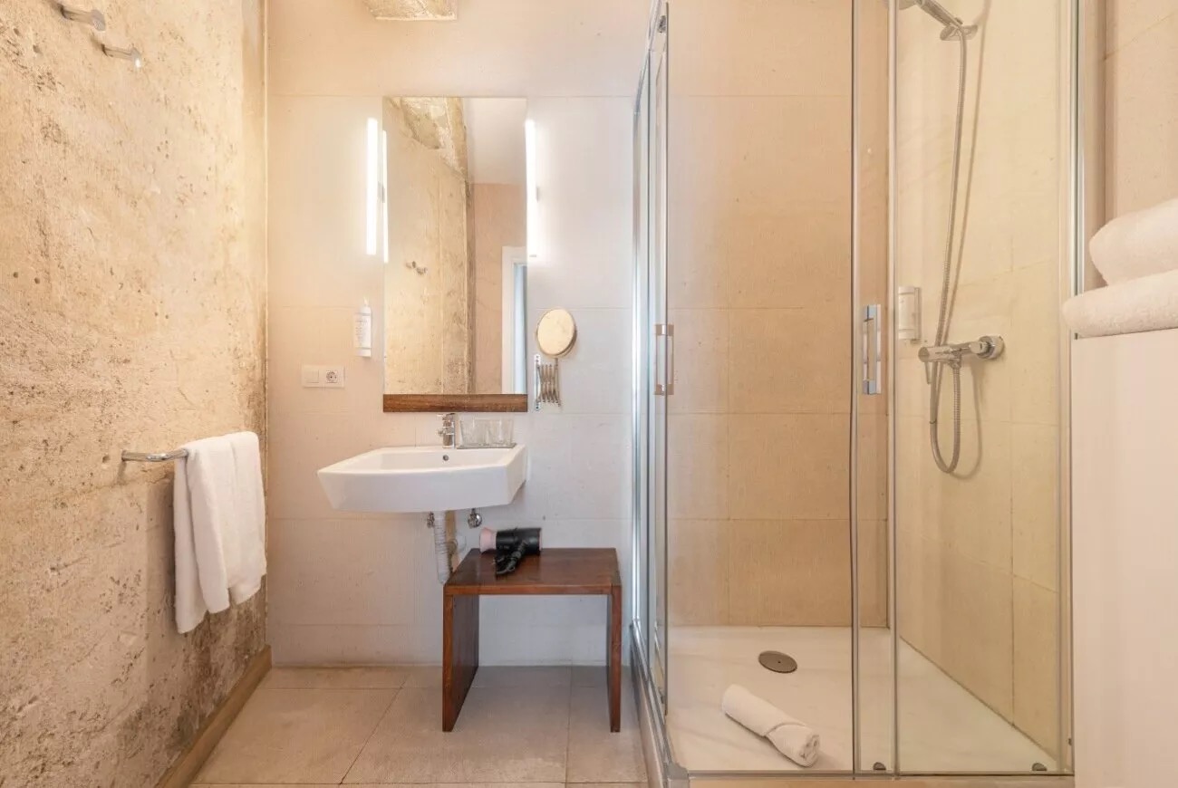 En-suite bathroom with a walk-in glass shower and exposed stone wall