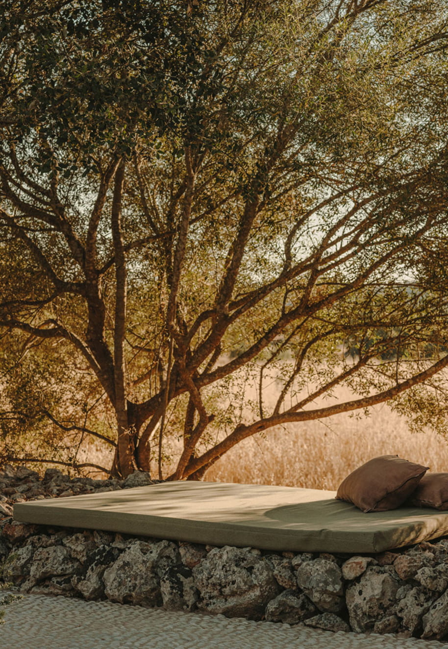 A low cushioned daybed built into a dry-stone wall beneath a spreading tree, with dry grassland behind