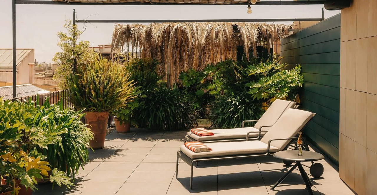 Rooftop terrace with two cream sun loungers, potted plants and a dried-palm canopy at Casa Camper Barcelona.