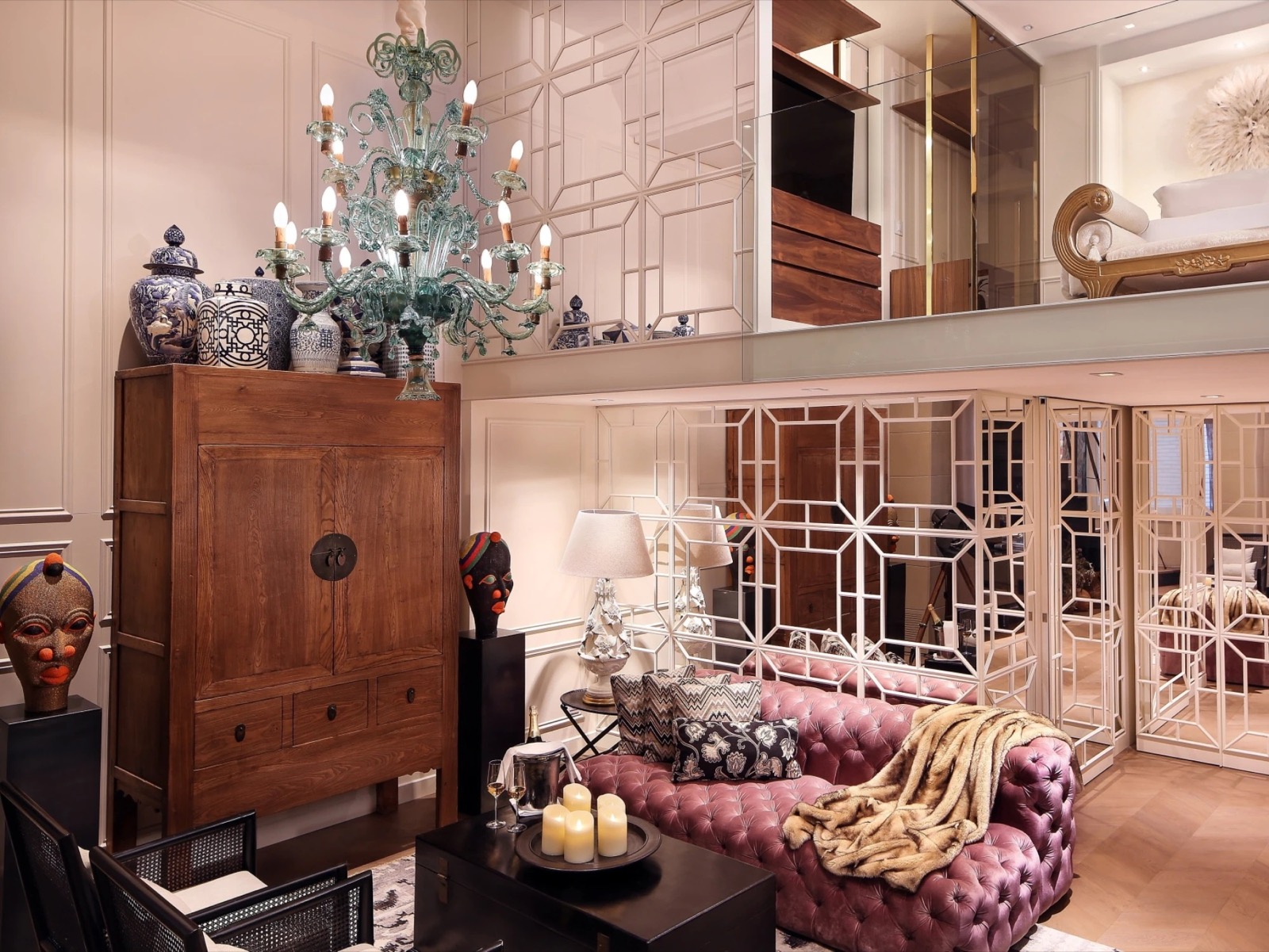 Hotel Claris duplex suite living room with Chinese antiques