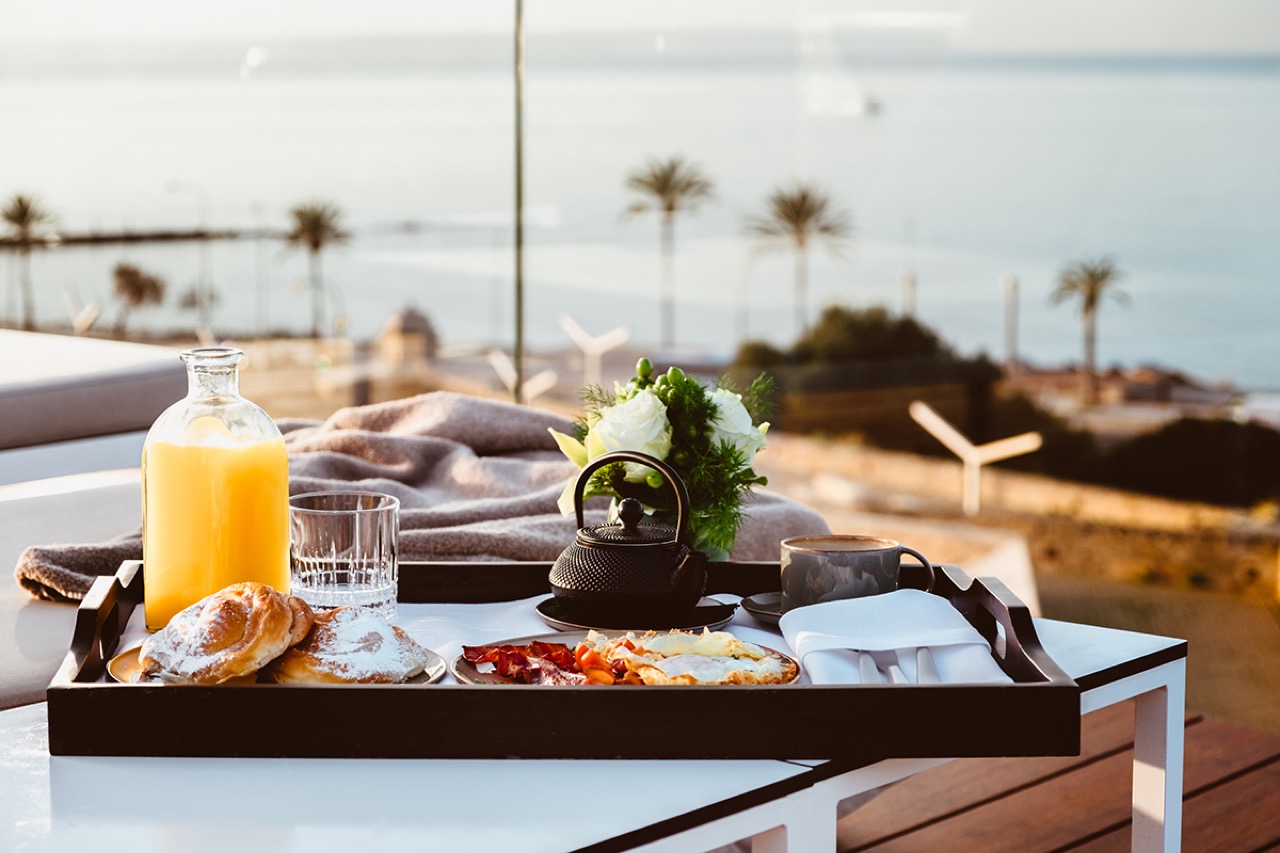 Breakfast tray on the rooftop terrace at Es Princep overlooking the Bay of Palma