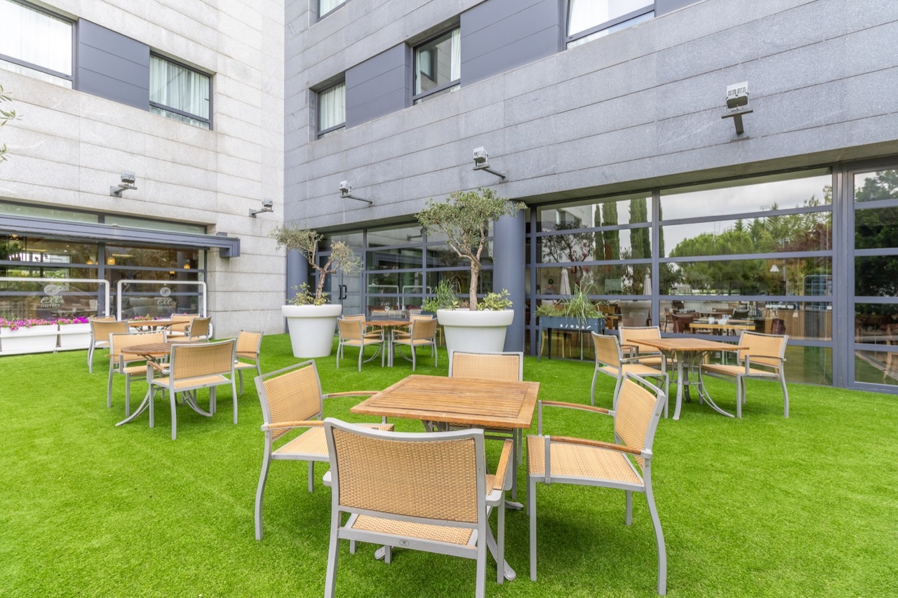An outdoor terrace with artificial grass, wooden tables and chairs, and potted olive trees against the hotel's glass facade.
