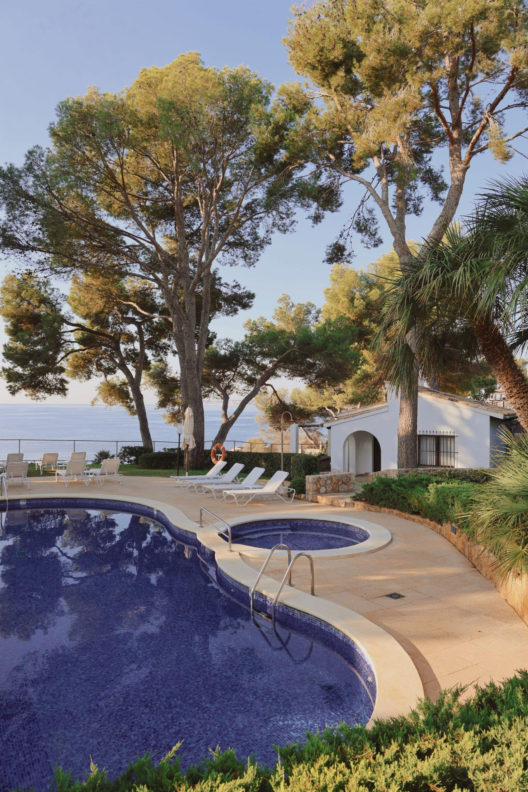 Curved outdoor pool and adjoining hot tub with sun loungers and a sea view through pine trees
