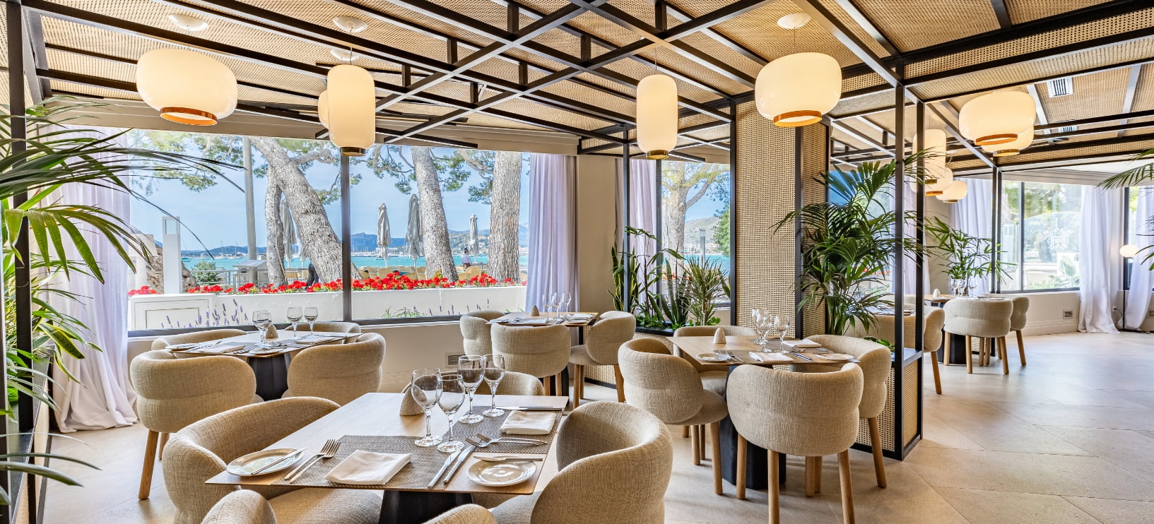 Restaurant dining room with pendant lanterns and tables set beside floor-to-ceiling windows overlooking the pine-lined seafront
