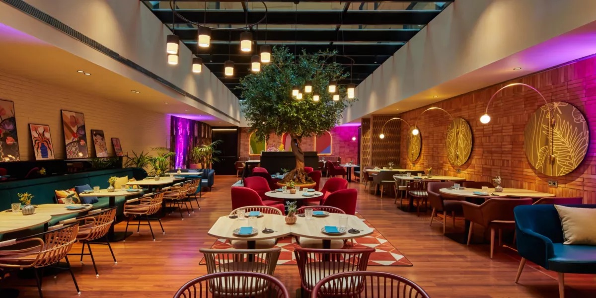 Restaurant dining room with an indoor olive tree and colourful artwork