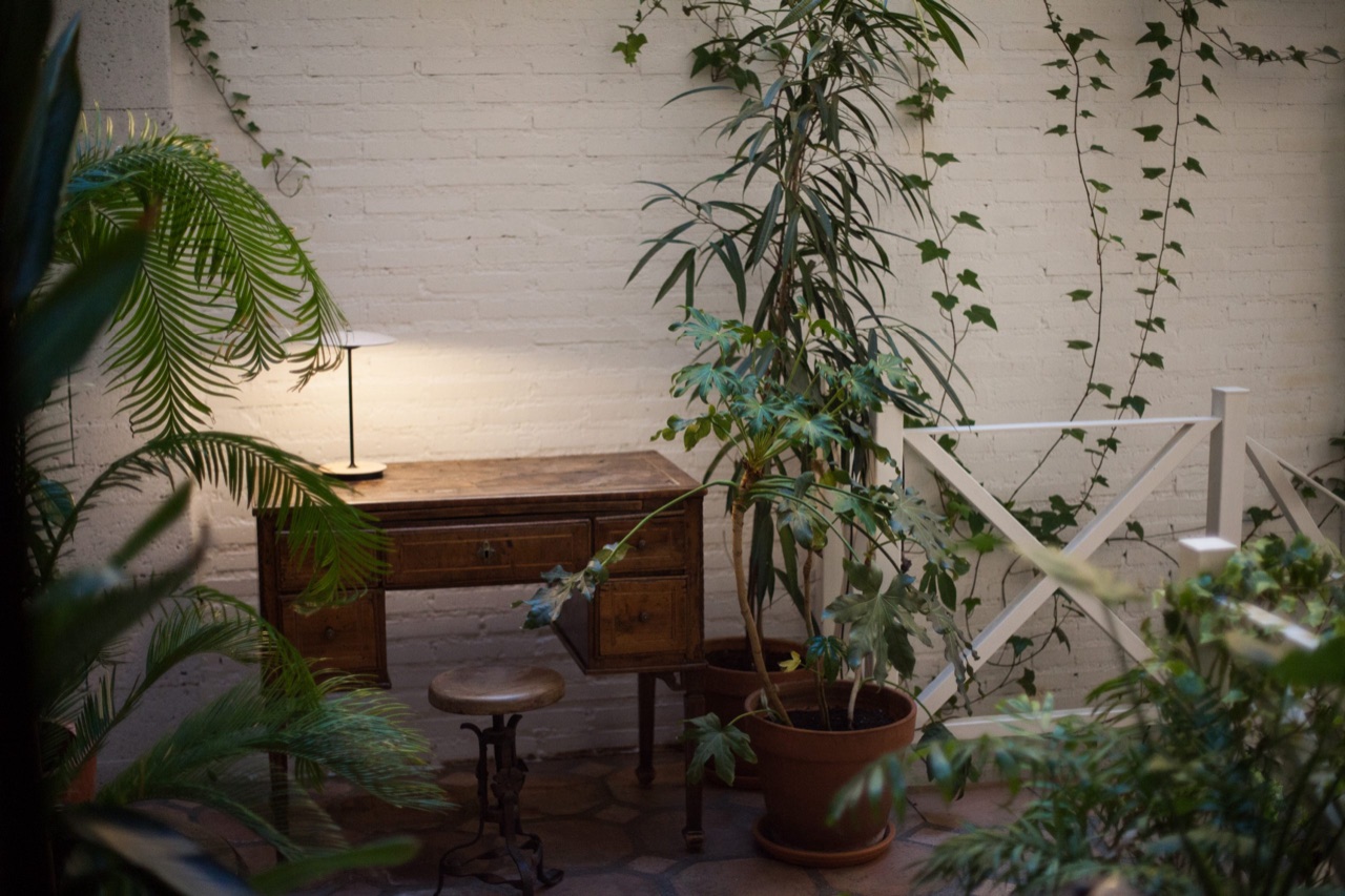 An interior patio with a whitewashed brick wall, climbing ivy, potted plants, and an antique wooden writing desk with a lit lamp.