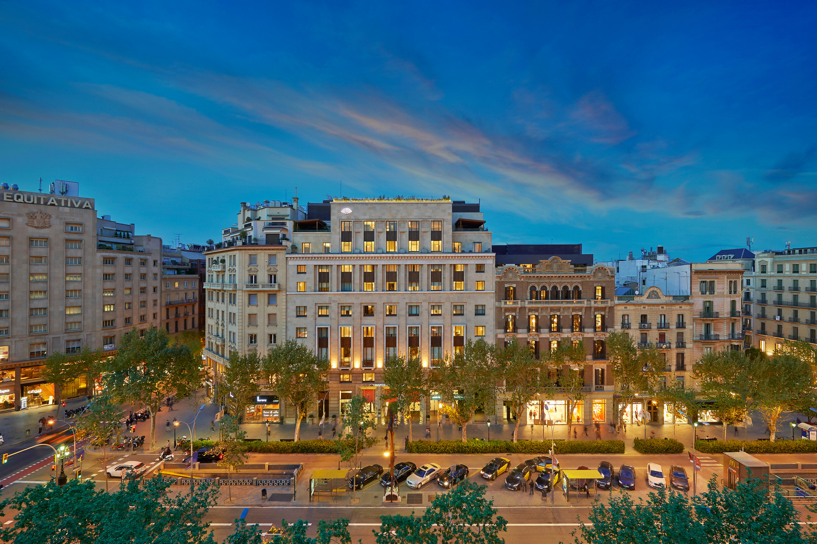 Mandarin Oriental, Barcelona facade at twilight on Passeig de Gràcia