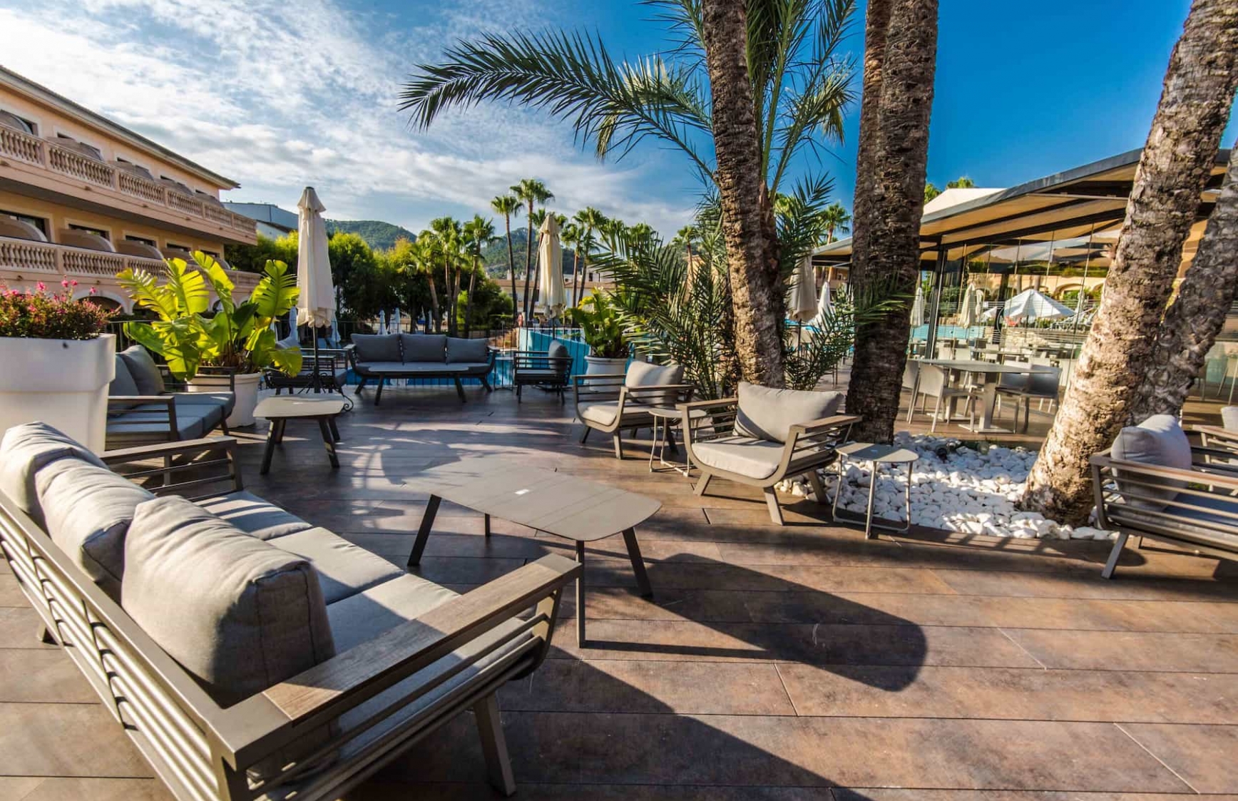 Outdoor lounge terrace with sofas and armchairs among palm trees, next to the pool deck