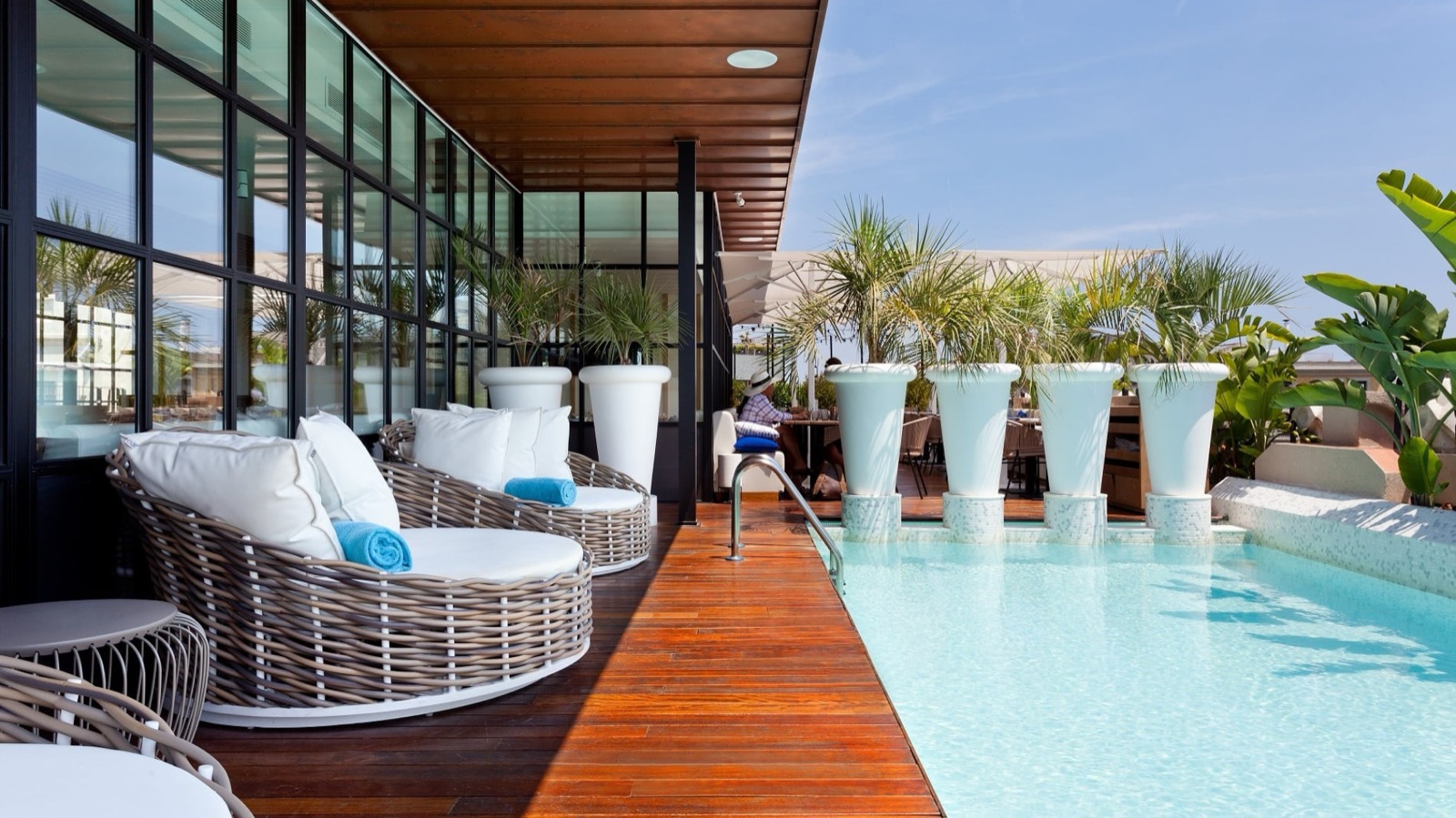 Monument Hotel rooftop pool with wicker loungers and palms