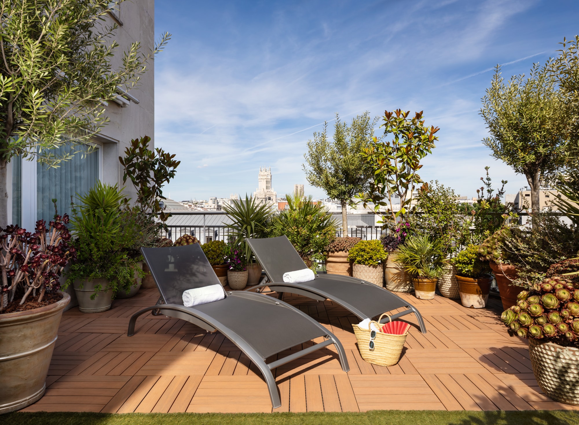 A room terrace with two grey sun loungers and rolled white towels on wooden decking, surrounded by potted olive trees and succulents, with Madrid rooftops and an ornate white tower on the skyline.