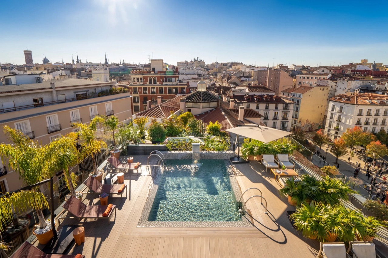 The rooftop pool deck with sun loungers, palm trees in planters and a shade umbrella, overlooking the tiled rooftops of central Madrid.