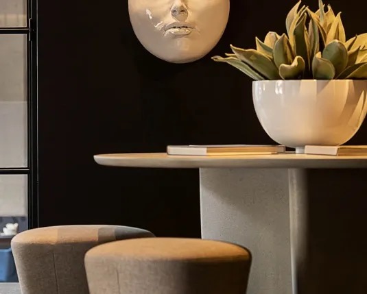 Lobby lounge seating area with a cactus plant and dark walls