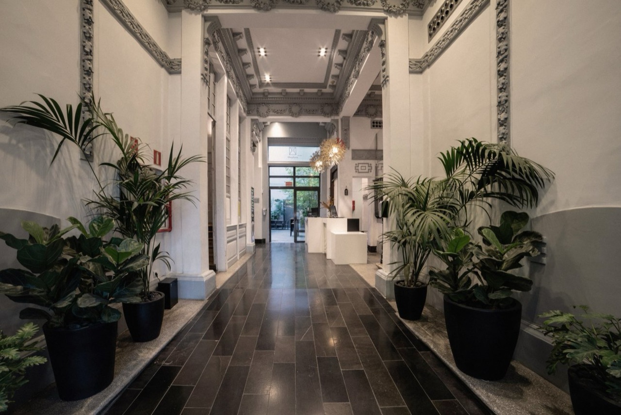 An ornate corridor with carved neoclassical ceiling moulding and potted palms leading toward the reception desk and the courtyard beyond.