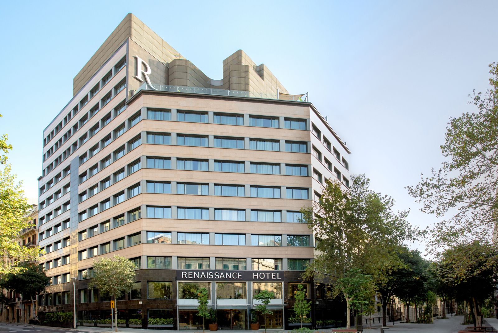 Building facade with illuminated Renaissance Hotel signage