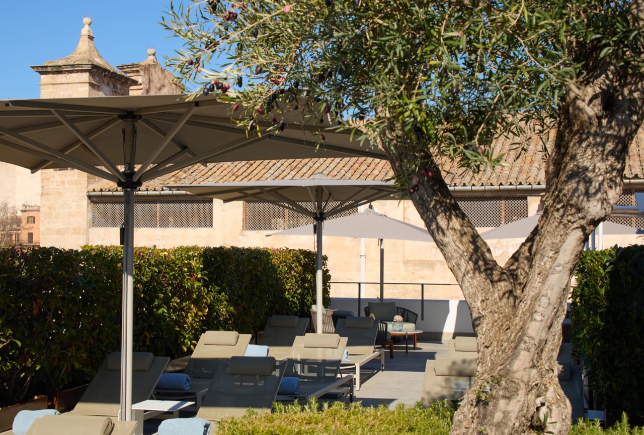 Rooftop terrace lounge chairs at Sant Jaume Design Hotel overlooking old town rooftops
