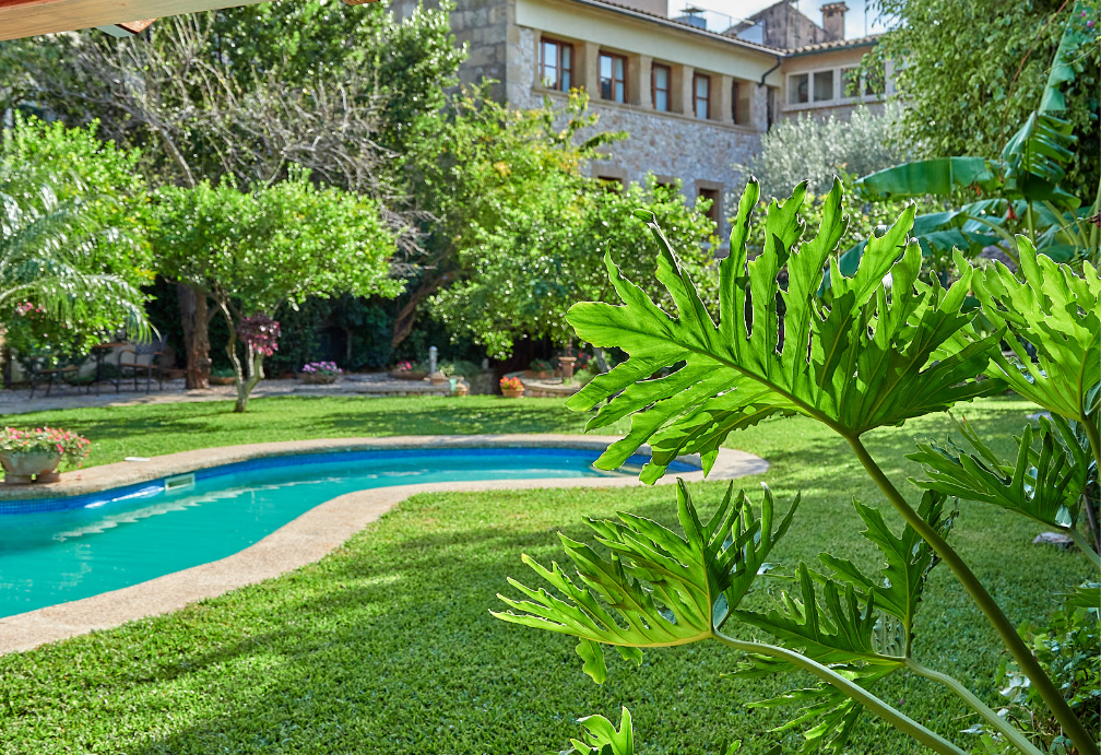 The curved pool in a planted garden, with the stone house and its shuttered windows behind