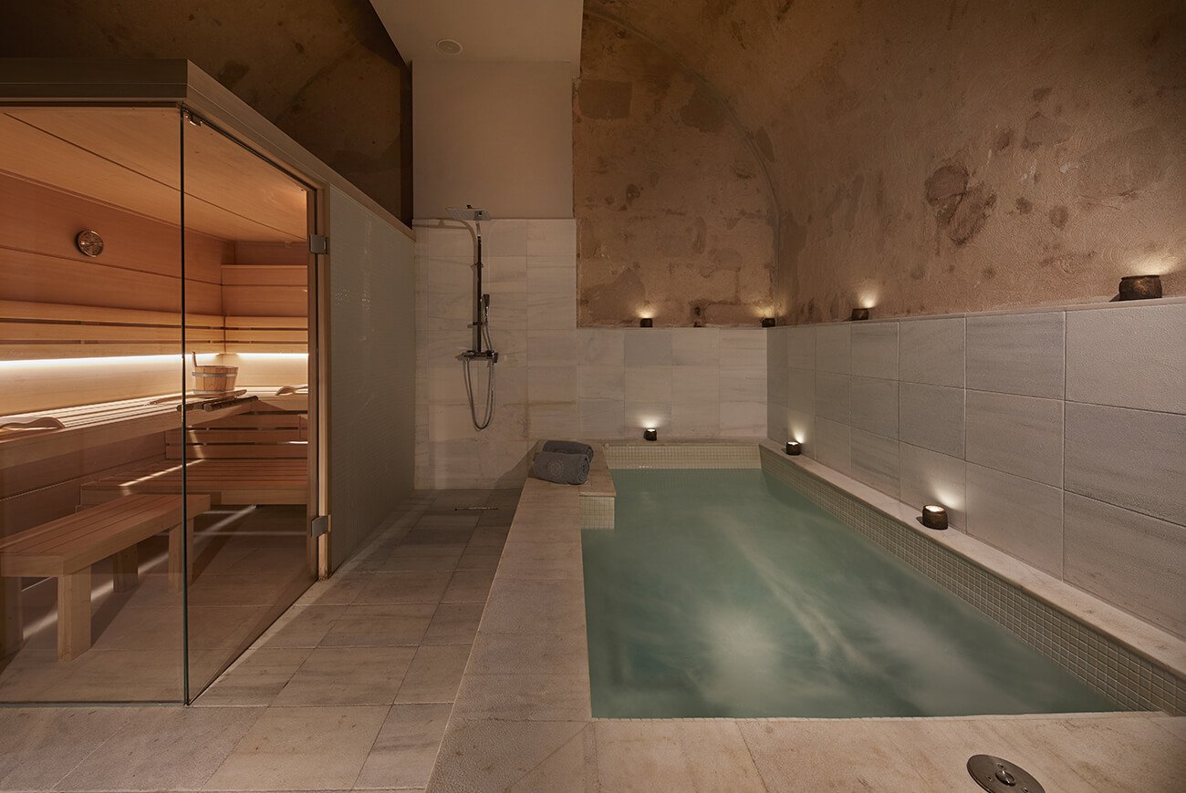 Private wellness area with a pool and glass-fronted sauna under a vaulted stone ceiling