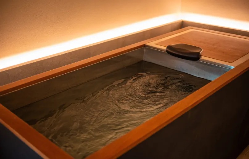 Spa soaking tub with wood trim and a warm backlit surround