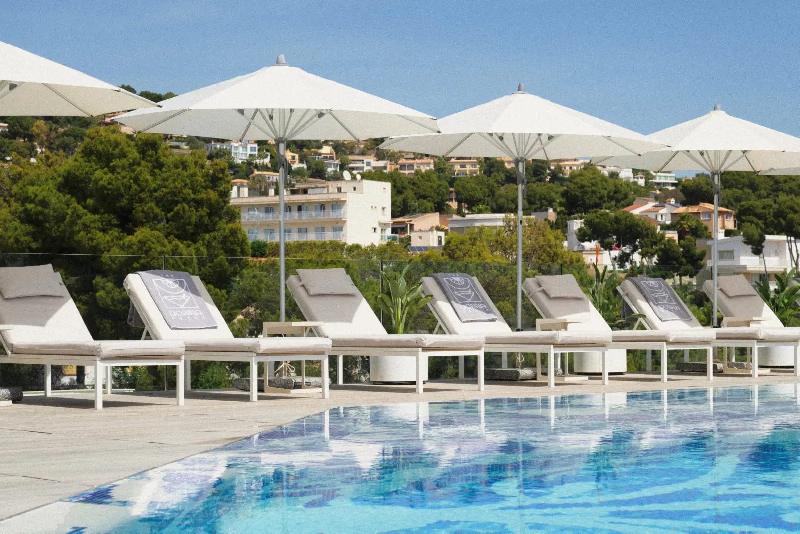 Pool at The Donna Beach lined with white loungers and umbrellas, the wooded hillside of Portals Nous visible beyond