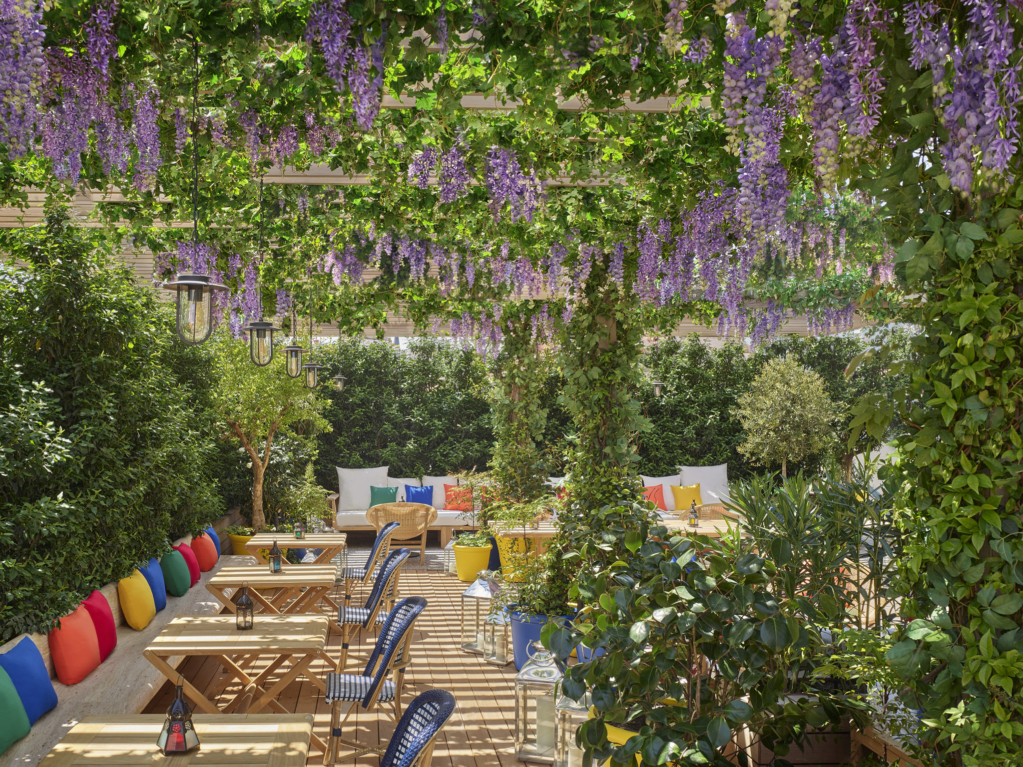 The rooftop terrace at The Madrid EDITION, shaded by a wisteria-covered pergola over wooden tables and bright cushions.