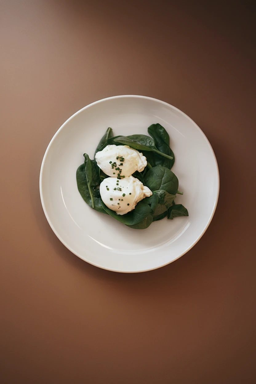 Poached eggs on a bed of spinach plated at Yurbban Ramblas, shot overhead against a warm brown backdrop