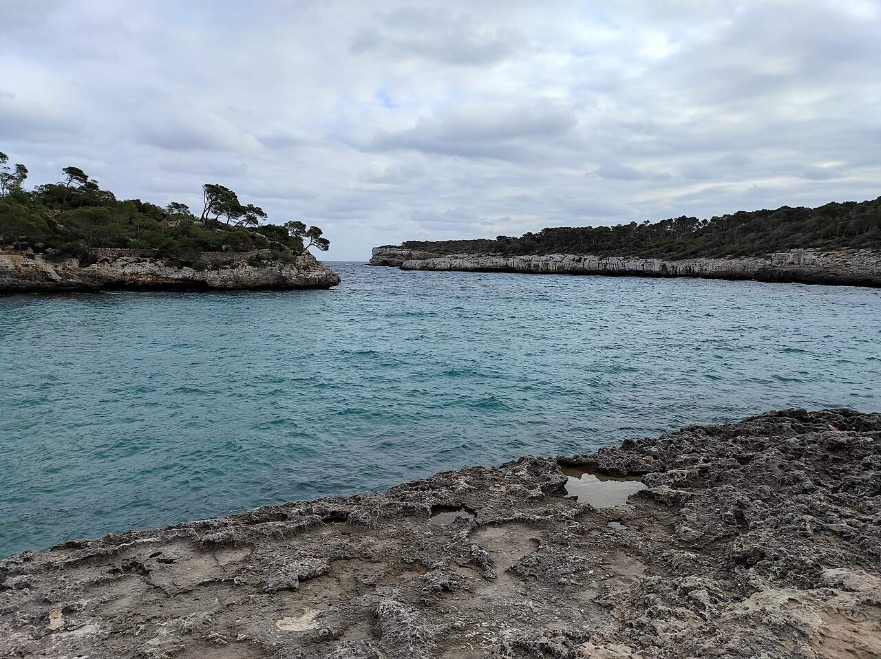 Rocky cove and pine-covered headlands of Mondragó Natural Park, Mallorca, Spain