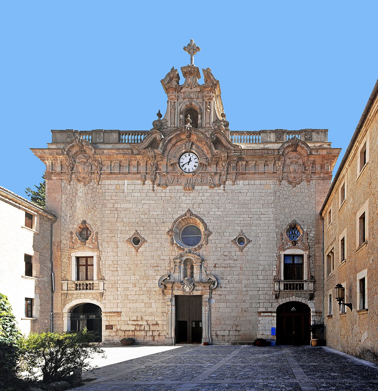 Baroque facade of the Santuari de Lluc basilica, Escorca, Mallorca, Spain