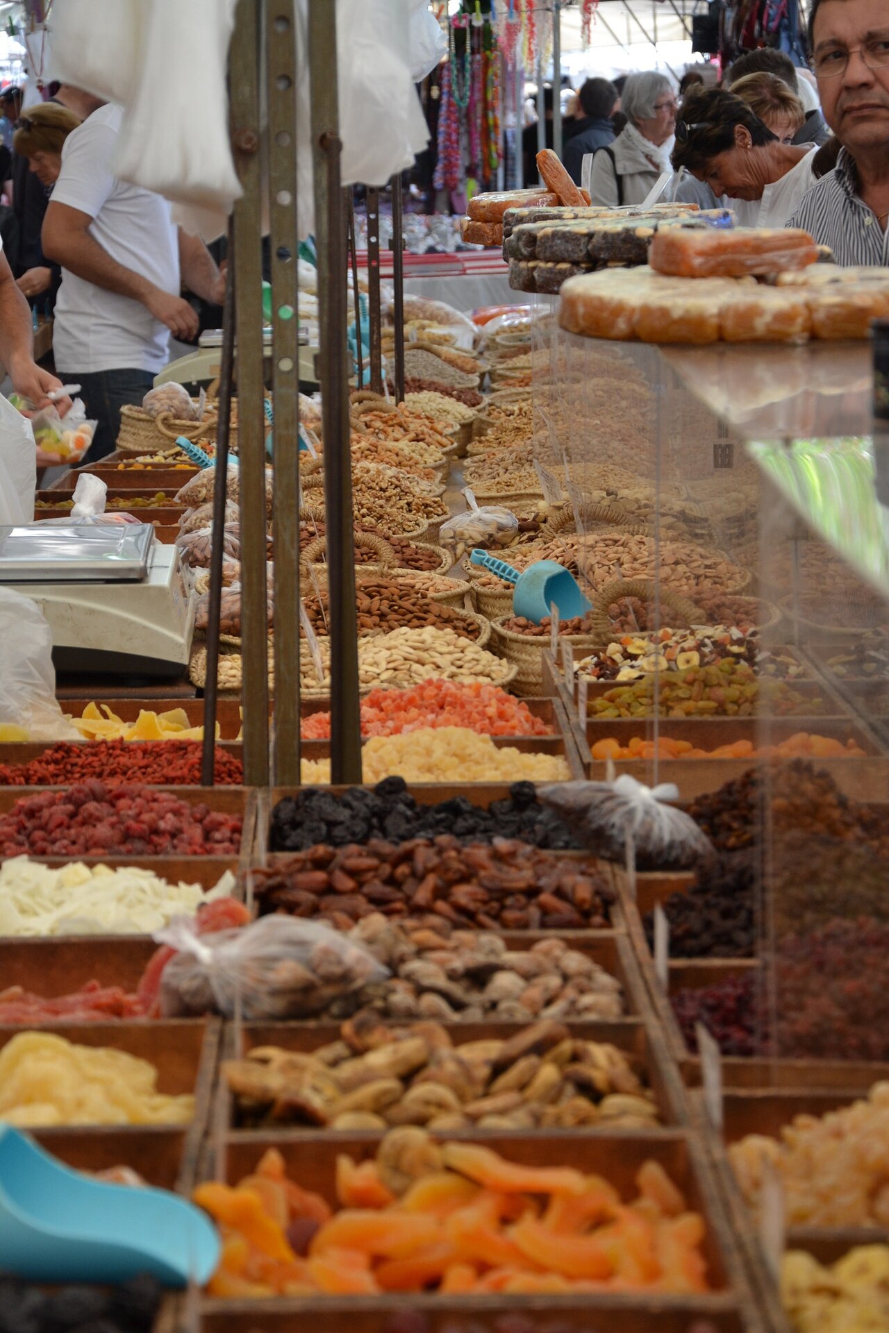Dried fruit, nuts and pastries on a stall at the Alcúdia market