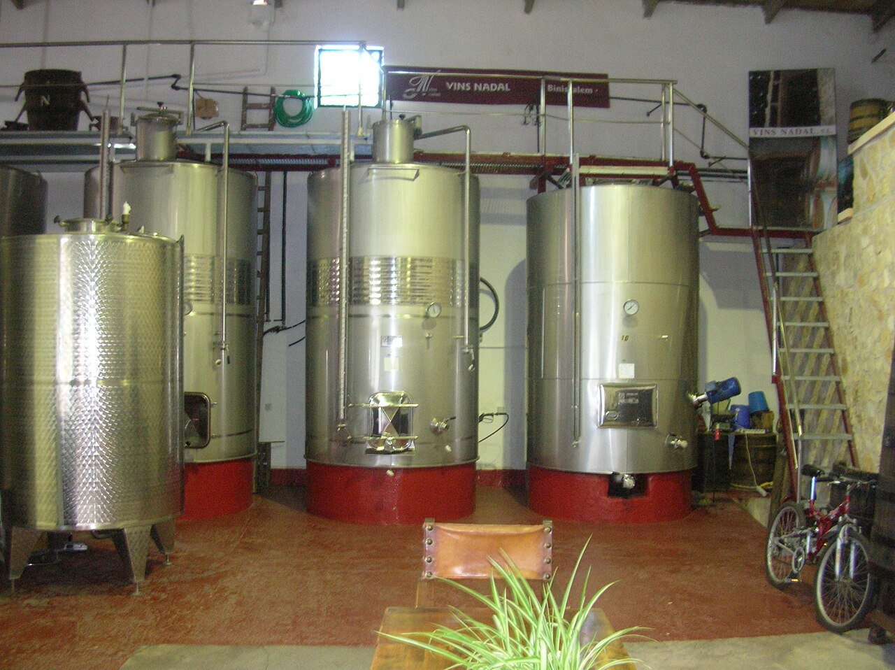 Stainless-steel wine tanks in a cellar in Binissalem, Mallorca