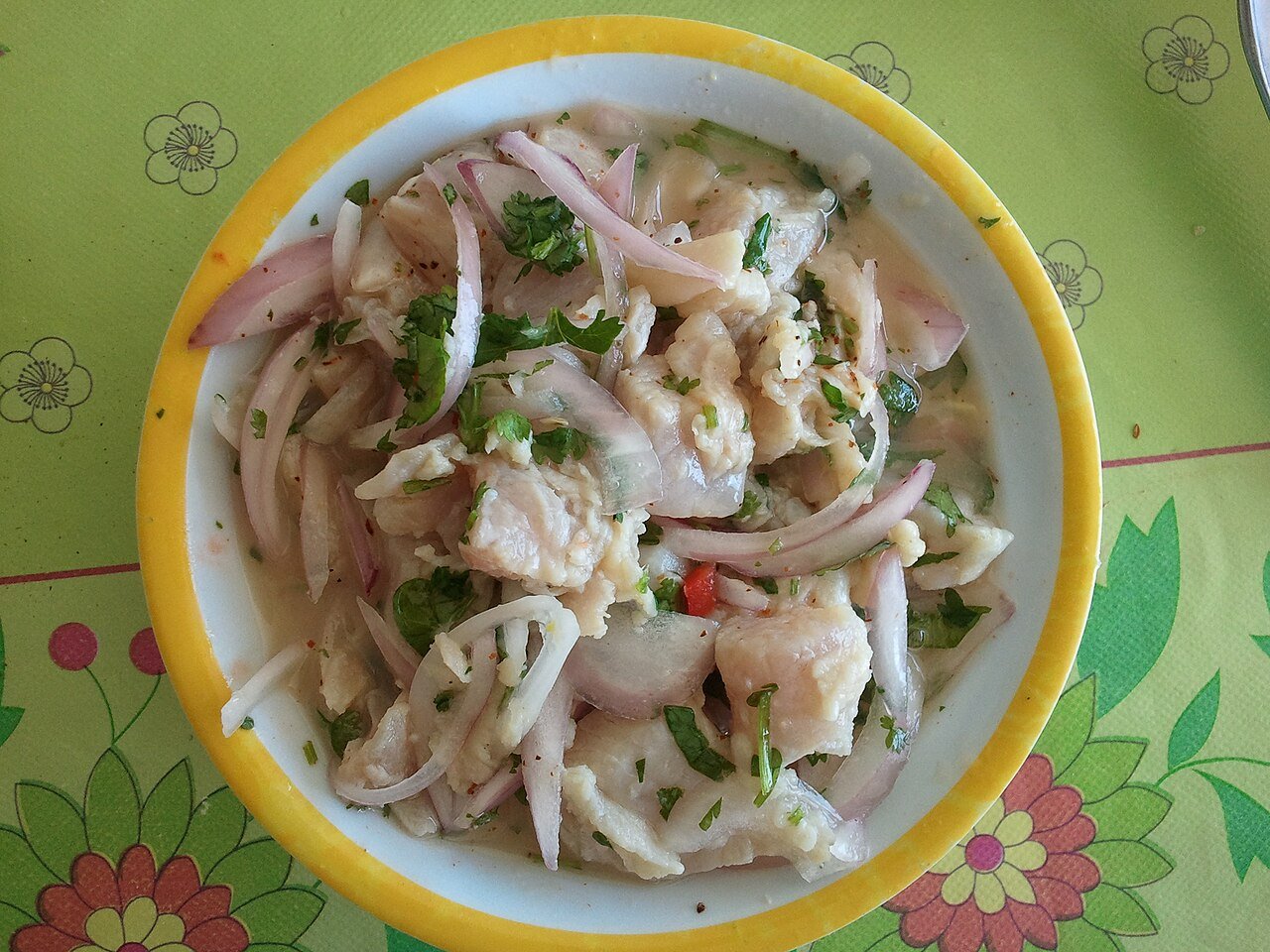 A plate of Chilean ceviche with red onion and coriander, the style of dish on Botànic's new menu (not from the restaurant)