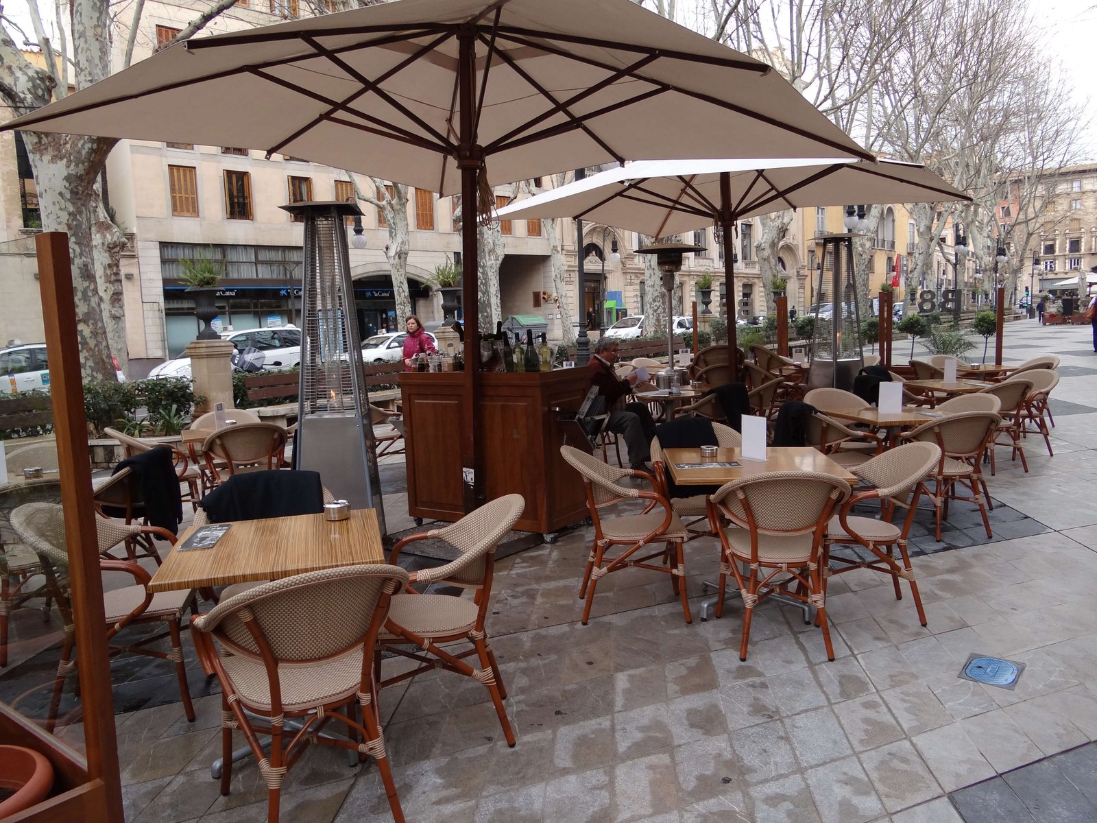 Mostly empty restaurant tables at a terrace on a tree-lined Palma boulevard