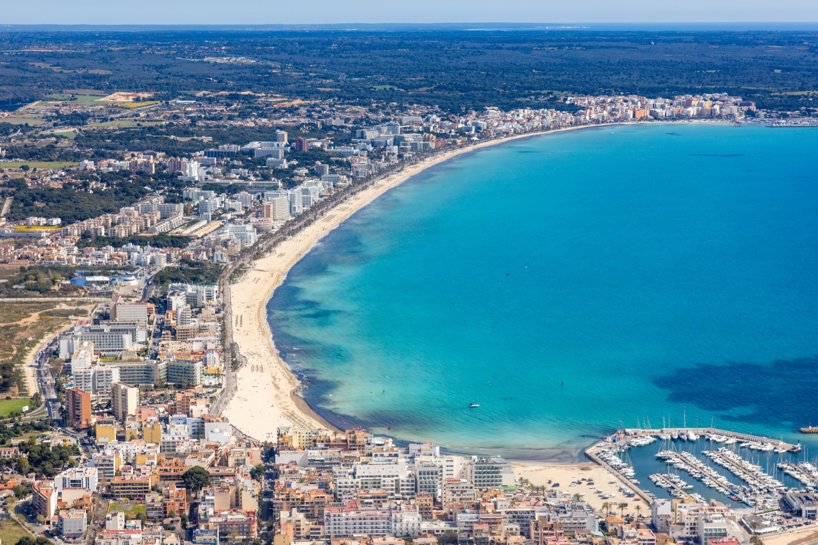 Aerial view of the Playa de Palma beachfront and promenade, Mallorca