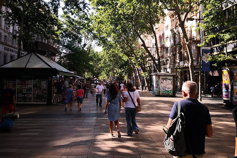 Pedestrians walking down La Rambla under the plane trees