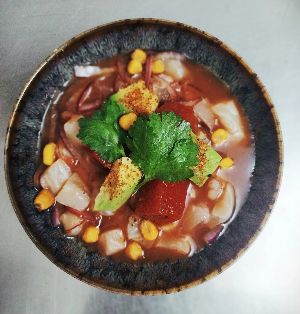 Ceviche bowl with fresh fish, corn, cilantro and chili at Bar Salvatge