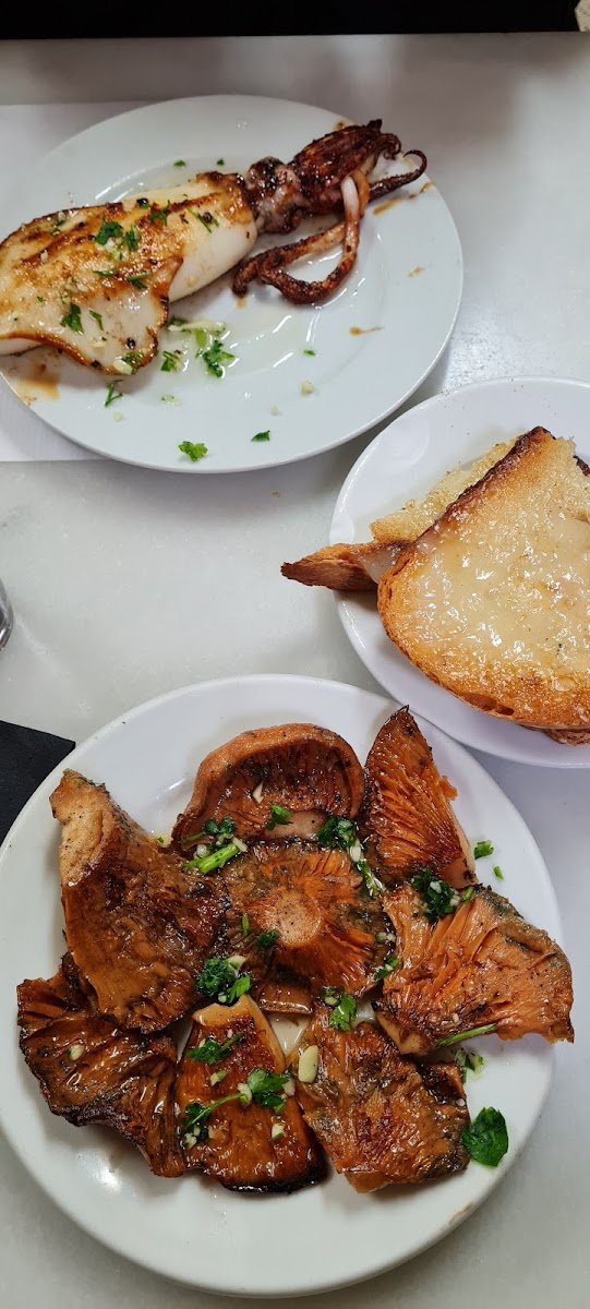 Grilled squid, wild mushrooms and pa amb tomaquet at La Cova Fumada
